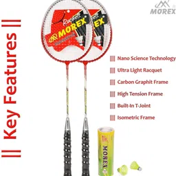 movex Morex Aluminium Badminton Racket [ Set of 2 ]with 6 Nylon Shuttlecock for Unisex Red, Silver Strung Badminton Racquet image 5