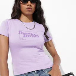 roadster Women Printed Round Neck Cotton Blend Purple T-Shirt-picture-16