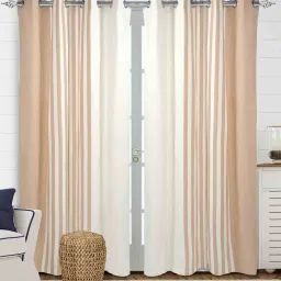 saral home Beige Cotton Striped 7 ft Light Filtering Eyelet (Set of 2) Door Curtains image 1