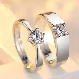 silverish Valentine Day Gift Couple Ring With Beautiful Red Rose Box (1 Rose Box, 1 Pair Rings) Alloy Cubic Zirconia Platinum Plated Ring Set image 2