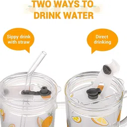 indusbay 2 Pieces Cartoon Printed Milk Glass Sipper Jar Silicone Straw & Lid 300ML Glass Mason Jar image 2