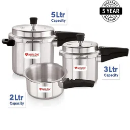nirlon Silver 2, 3 & 5 Ltrs (Pack of 3) Induction Base Outer Lid Aluminium Pressure Cooker with Outer Lid image 3