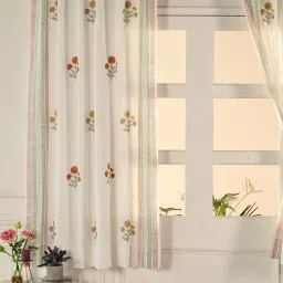peepul tree Jaipuri Hand Block Print Cotton with Floral Border Rust,Mustard & Teal Set of 2 (5ft) Window Sheer Curtains image 1