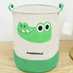 Green Cotton Animal Printed 11 Ltrs Laundry Basket Cum Kids Storage Organizer-image-27