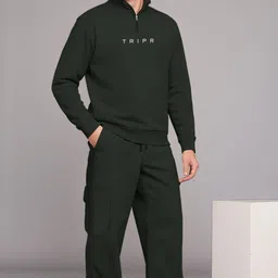 tripr Men Night Suit Set Dark Green Solid image 1