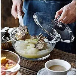 adigee 1 L Glass Casserole Deep Round Serving Bowl with Lid Microwav Safe Pougine Cover Cook and Serve Casserole image 3