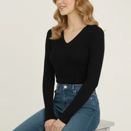 kavya fashion hub Casual Regular Sleeves Solid Women Black Top image 3