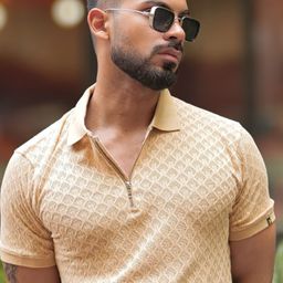 maniac Men Self Design Polo Neck Pure Cotton Beige T-Shirt-picture-21