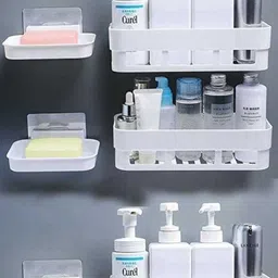 qrex Pack Of 6 Pcs ABS Plastic Multipurpose Home Kitchen Bathroom Accessories Traceless Wall Shelves Decor Items Soap Stand Holder Organizer Storage Shower Caddy Rack Shelf with Strong Adhesive Magic Sticker ( 3 Bathroom Wall Shelves + 3 Soap Box,MultiColour ) Plastic Wall Shelf-picture-38