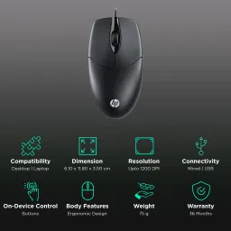 HP M050 Wired Mouse with Optical Engine (1200 DPI, 3 Keys, Black) image 2