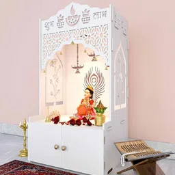 homscape Jali Wooden Floor Temple With Spacious Shelf Inbuilt Focus Light White image 4
