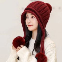 highever Cute warm soft fur inside with earflap three pom-pom knitted women winter cap Woven Beanie-picture-22