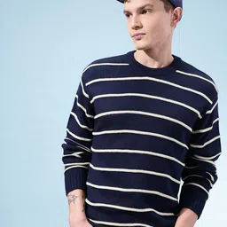 glitchez Men Striped Round Neck Blue Sweater-picture-12
