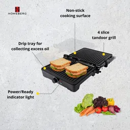 homeberg by homeberg Non-Stick Cooking Surface 4 Slice Tandoor & Grill Maker 2000W -HSG737 Open Grill image 5