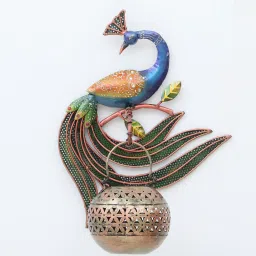 decorum Peacock Hook Jali Pot Multicolour Metal Wall Tea Light Holder image 3