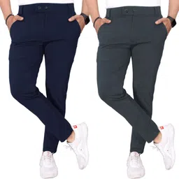 flicfol Pack of 2 Men Regular Fit Dark Blue, Grey Lycra Blend Trousers-picture-13
