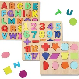 knk infotain Wooden 3 In 1 Alphabets Numbers & Shapes Puzzle Toys for 2 + image 2