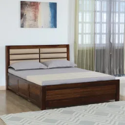 woodsworth from pepperfry Segur Sheesham Wood King Size Bed In Provincial Teak Finish With Padded Headboard Hydraulic Storage image 1