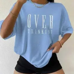 sky magic Women Printed Round Neck Cotton Blend Blue T-Shirt image 1