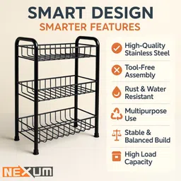 nexum Containers Kitchen Rack 3-Tier Multipurpose Countertop Storage Rack for Organizing Jars, Spice & More Steel image 2