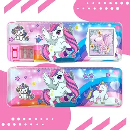 lazylines Inbuilt Calculator & Sharpener Pencil Box for Birthday Return Gift Dual Compartment and Magnetic Lock, UNICORN Art Plastic Pencil Box image 4