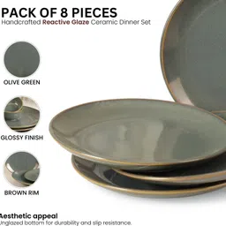 the white space living Pack of 8 Ceramic 'Olive Green' Handcrafted Stoneware Reactive Glaze Ceramic Dinner Set Dinner Set image 3