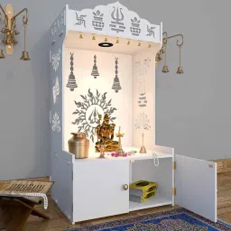 homscape Surya Chakra Mdf Wood Temple With Spacious Shelf Inbuilt Focus Light White image 3