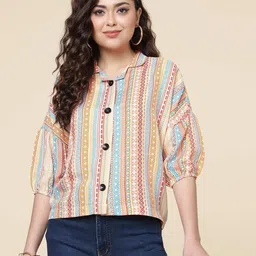 Women Relaxed Fit Fit Geometric Print Lapel Collar Party Shirt-image-67