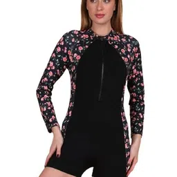 fytte Women's Zipper Rash Guard – Full Sleeve Sun Protection Boyleg One-Piece Sport Swimsuit, Padded, Royal Print & Blue image 1