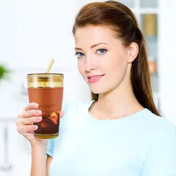 trk impex Brown Mug with Straw Reusable Glass Sipper Bottle Leather Sleeve image 3