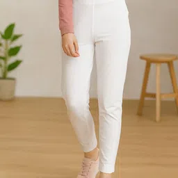 Women Straight Fit White Cotton Blend Trousers-image-20