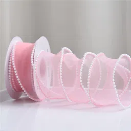 sethi enterprise Elegant Sheer Organza Ribbon with Pearl Edge Perfect for Gift Wrapping & Crafts Pink Sheer Ribbon image 2