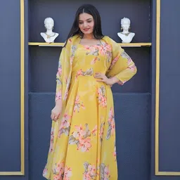 js creative Floral Print Georgette Stitched Anarkali Gown image 5