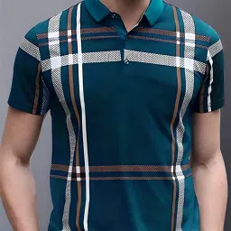 Men Checkered Polo Neck Cotton Blend Dark Blue, White T-Shirt-image-80