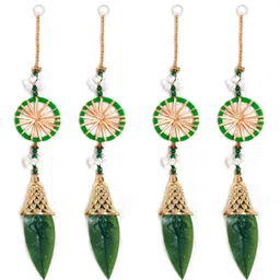 mkmdecor Traditional Handmade Chakri Latkan Ring Pom Pom with Bell & Leaf 4 Pack 18 inch Toran-picture-42