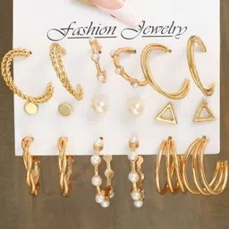 dressberry Combo Of 9 Pair Gold Plated Triangle Stud And Twisted Hoop Earrings For Women Pearl Alloy Hoop Earring image 2