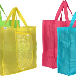 heart home Foldable Reusable Smiley Printed Shopping Bag with One Small Pocket (Set Of 4,Green & Pink & Yellow & Blue) Pack of 4 Grocery Bags-picture-26