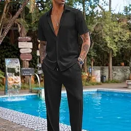 chkokko Men Shirt & Pyjama set Black Solid image 3