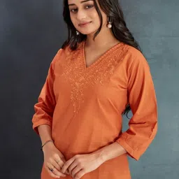 rr sa kurtis Casual Regular Sleeves Embroidered Women Orange Top image 4