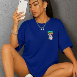 madliyn Women Graphic Print Round Neck Cotton Blend Blue T-Shirt image 2