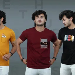 t-hustler Pack of 3 Men Graphic Print Round Neck Cotton Blend Maroon, Yellow, Black T-Shirt-picture-13