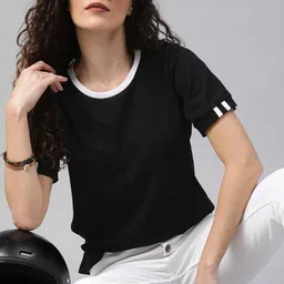 roadster Women Solid Round Neck Pure Cotton Black T-Shirt image 4
