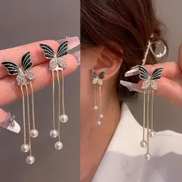 saugaat craft Butterfly Pearl Hanging Tassels Stylish Silver Earrings for Women and Girls Pearl Crystal, Metal, Silver Drops & Danglers image 1