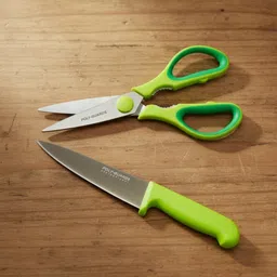 polyguards 2 Pc Stainless Steel Knife and heavy-duty kitchen scissors, with ergonomic green handles. image 2
