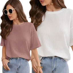 way to trendy Pack of 2 Women Solid Round Neck Cotton Blend White T-Shirt-picture-27