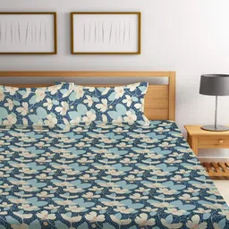 klotthe Blue Floral 300 TC Cotton Blend Double Bedsheet with 2 Pillow covers image 2