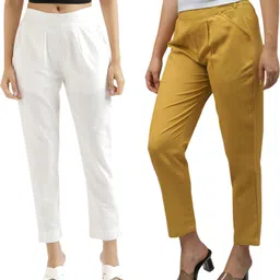 d&h Pack of 2 Women Regular Fit Yellow, White Pure Cotton Trousers-picture-13