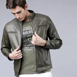Men Solid Leather Jacket-image-17