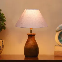 new era Grey Cotton Table Lamp With Wood Base image 1