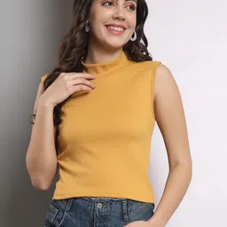 q-rious Casual Sleeveless Solid Women Yellow Top image 1